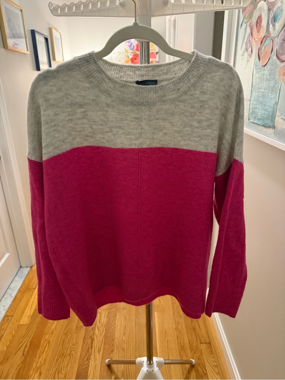 Vince Camuto Pink and Light Gray Colorblock Crewneck Sweater
